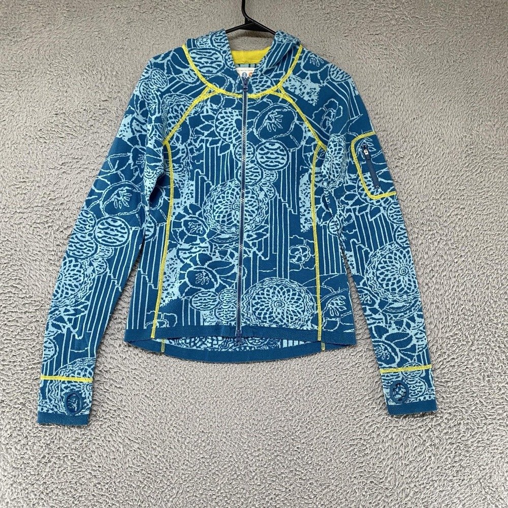 Title Nine Hoodie Womens Small Blue Wool Sweater Full Zip Floral Jacquard
